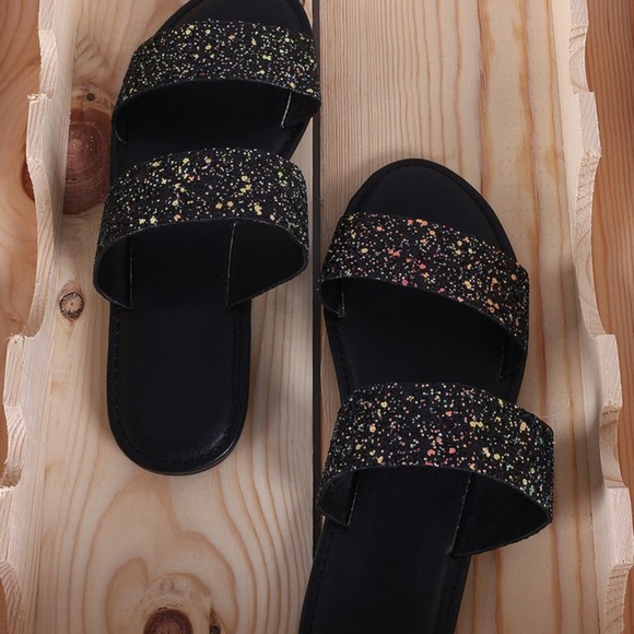Glitter Encrusted Open Toe Double Band Sandals - Picture 2 of 3